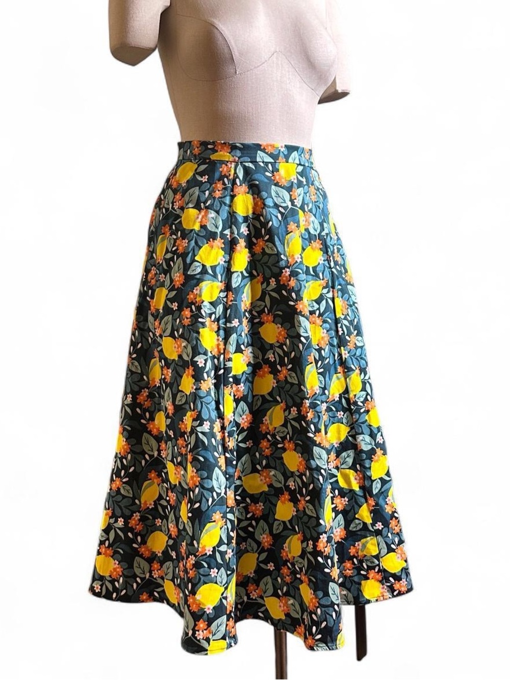 Collectif Teal Floral and Lemon Print Midi Skirt
